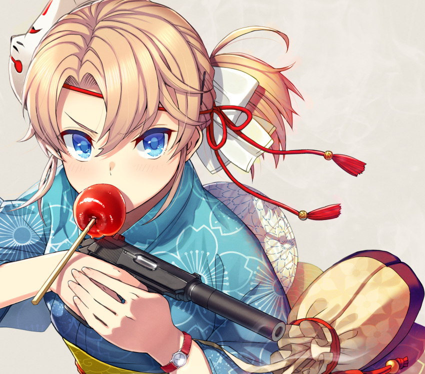 1girl blonde_girl_(itou) blonde_hair blue_eyes blue_kimono blush bow candy_apple casing_ejection center_axis_relock_stance commentary floral_print food food_in_mouth fox_mask grey_background gun hair_between_eyes hair_bow handgun highres holding holding_gun holding_weapon itou_(onsoku_tassha) japanese_clothes kimono looking_at_viewer mask mask_on_head mouth_hold obi original ponytail print_kimono sash shell_casing short_ponytail side_ponytail simple_background smoke smoking_barrel solo suppressor walther walther_ppk watch weapon wide_sleeves wristwatch yukata