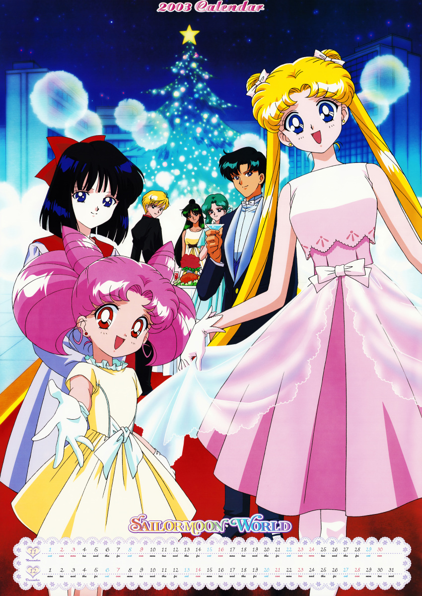 1boy 2003 6+girls absurdres black_hair blonde_hair calendar_(medium) chiba_mamoru chibi_usa christmas cone_hair_bun crossdressing cup dated dress drinking_glass earrings food formal_clothes gloves green_hair hair_bun happy highres jewelry kaiou_michiru long_hair looking_at_viewer meiou_setsuna multiple_girls non-web_source official_art open_mouth reaching reaching_towards_viewer reverse_trap scan short_hair standing ten&#039;ou_haruka toei_animation tomoe_hotaru tsukino_usagi twintails very_long_hair white_gloves wine_glass