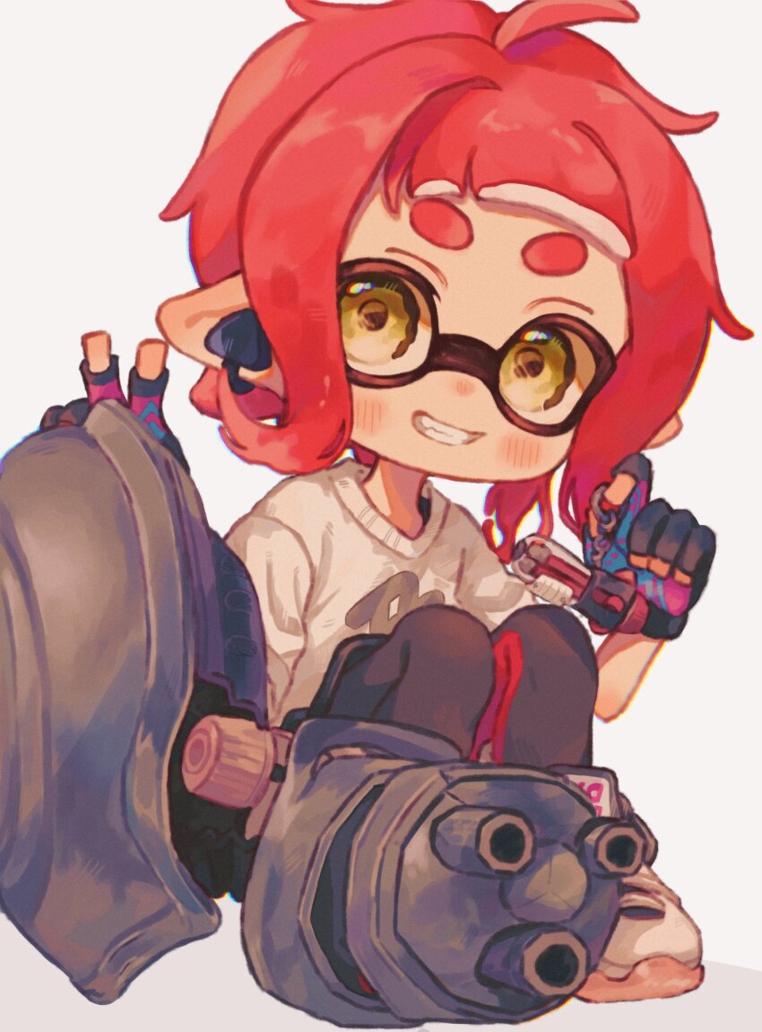 1girl ballpoint_splatling_(splatoon) black_gloves commentary_request earrings gloves gun highres holding holding_gun holding_weapon inkling inkling_girl inkling_player_character jewelry medium_hair nautilus_(splatoon) nintendo ochocho2828 pointy_ears print_sweater red_hair shoes simple_background sitting smile solo splatoon_(series) splatoon_3 sweater teeth tentacle_hair thick_eyebrows v weapon white_background white_sweater yellow_eyes