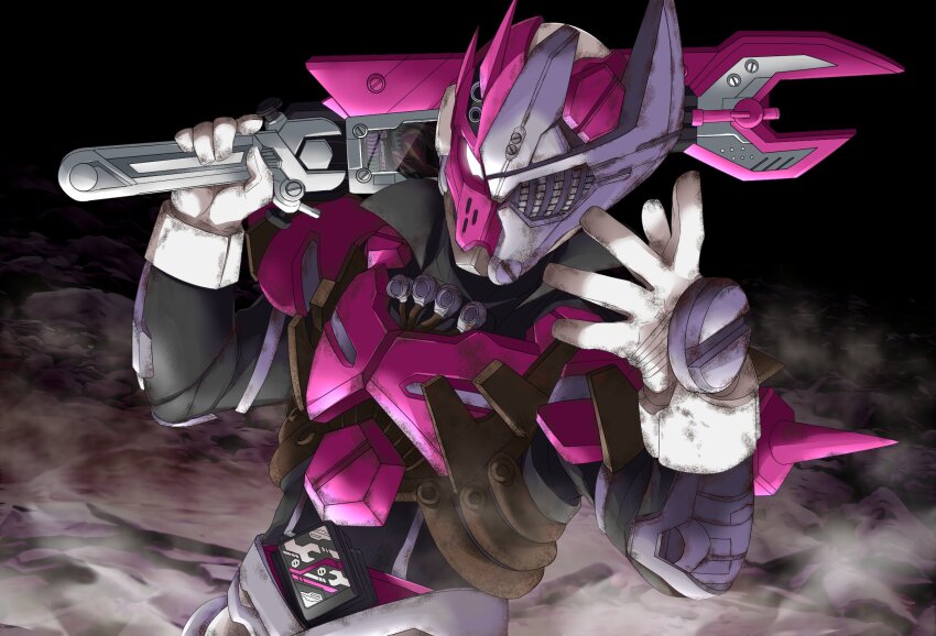 1boy armor asymmetrical_armor bolt_(hardware) fire gloves helmet highres holding holding_sword holding_weapon kamen_rider kamen_rider_gotchard_(series) male_focus miyabi_(037) over_shoulder power_armor shoulder_spikes smoke spikes sword valarusher valvarad weapon weapon_over_shoulder white_gloves