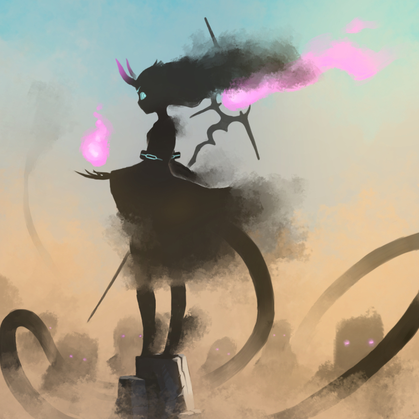 1girl armlet army blue_eyes commentary_request dress extra_eyes flat_chest from_side glowing glowing_eyes glowing_horns gradient_horns highres holding holding_staff horns in_shadow jewelry kamukamu6392 long_hair looking_at_viewer magic monster monster_girl multicolored_horns on_rock original outdoors purple_eyes purple_horns rock sand silhouette sky smoke solo staff standing very_long_tail