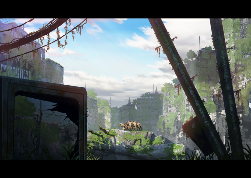 absurdres animal animal_focus blue_sky cloud cloudy_sky day highres moss no_humans original outdoors overgrown post-apocalypse power_lines ruins scenery sky sumassha_t_t tortoise turtle