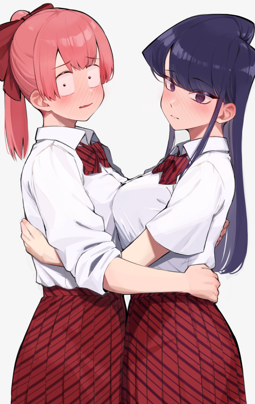 1boy 1girl @_@ alternate_costume asymmetrical_docking ayatak0517 black_eyes black_hair blush bow bowtie breast_press breasts collared_shirt constricted_pupils crossdressing highres hug itan_private_high_school_uniform komi-san_wa_komyushou_desu komi_shouko large_breasts long_hair looking_at_viewer pink_hair ponytail purple_eyes school_uniform shirt simple_background skirt tadano_hitohito white_background white_shirt