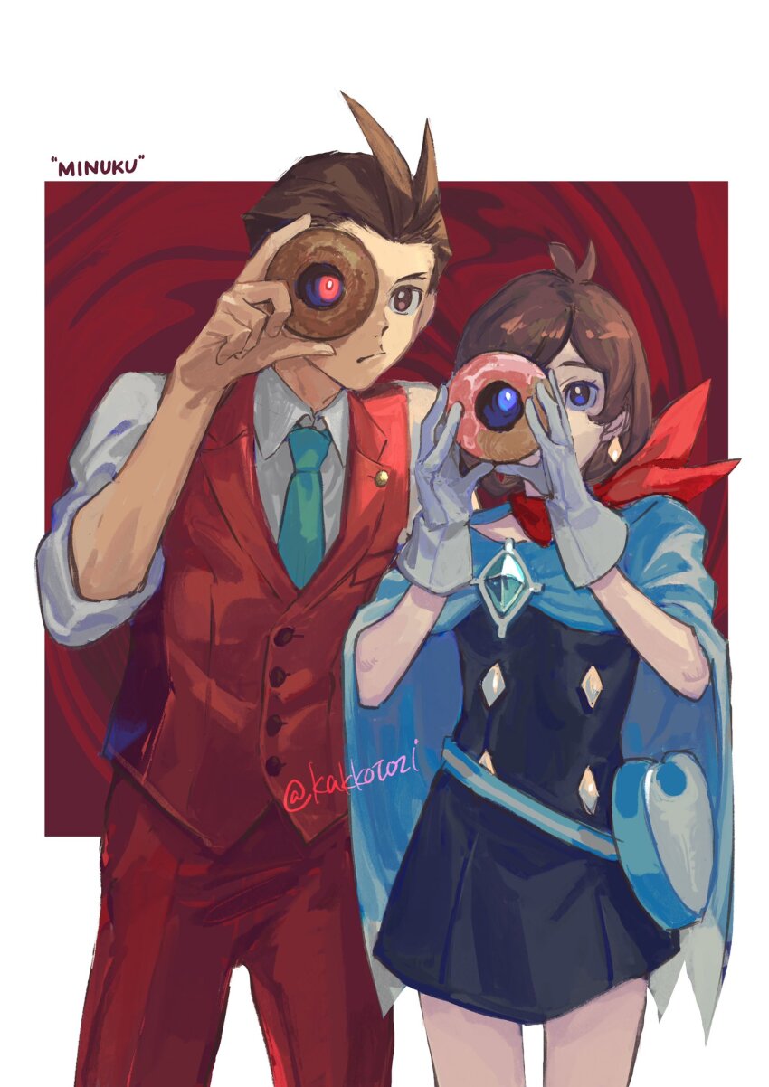 1boy 1girl :/ ace_attorney antenna_hair apollo_justice apollo_justice:_ace_attorney badge bag black_dress blue_bag blue_cape blue_eyes blue_necktie border brown_eyes buttons cape closed_mouth collared_shirt commentary cowboy_shot diamond_(shape) diamond_button diamond_earrings donut double-breasted dress dress_pants earrings food forked_eyebrows gloves glowing glowing_eye hand_up handbag heart-shaped_bag highres holding holding_donut holding_food jewelry kakkotozi lapel_pin lapels looking_at_viewer looking_through_donut necktie notched_lapels outside_border pants parted_bangs red_pants red_scarf red_vest romaji_text scarf shirt short_dress short_hair side-by-side sleeves_rolled_up standing symbol-only_commentary trucy_wright twitter_username vest white_border white_gloves white_shirt wing_collar