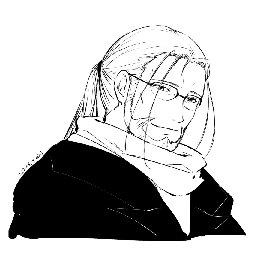 1boy 2022 beard closed_mouth cropped_torso dated facial_hair fullmetal_alchemist glasses greyscale highres long_hair looking_at_viewer male_focus mini_(pixiv6327751) monochrome ponytail simple_background sketch smile solo upper_body van_hohenheim white_background