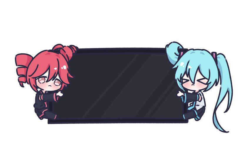 &gt;_&lt; 2girls absurdres aqua_hair black_shirt black_skirt chibi chibi_only commentary cott_(cott_5) drill_hair hatsune_miku highres kasane_teto kasane_teto_(utau) long_hair multiple_girls nintendo_switch red_eyes red_hair shirt simple_background skirt twin_drills twintails utau vocaloid white_background white_shirt