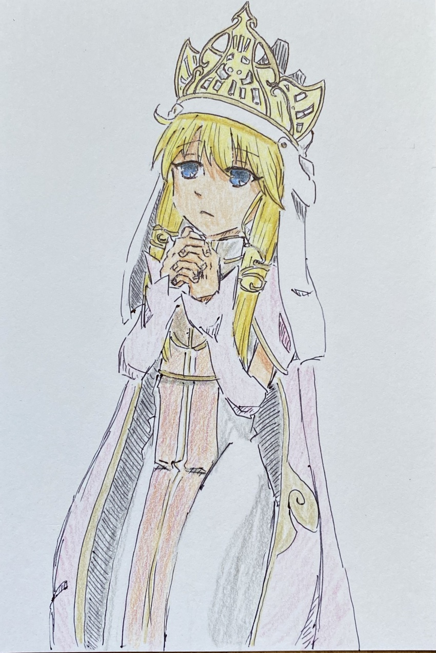 1girl blonde_hair blue_eyes closed_mouth cowboy_shot crown elicia_(luminous_arc_2) gold_crown long_hair long_sidelocks luminous_arc luminous_arc_2 m_tetra no_gloves own_hands_together praying robe sidelocks simple_background solo traditional_media veil white_background white_veil