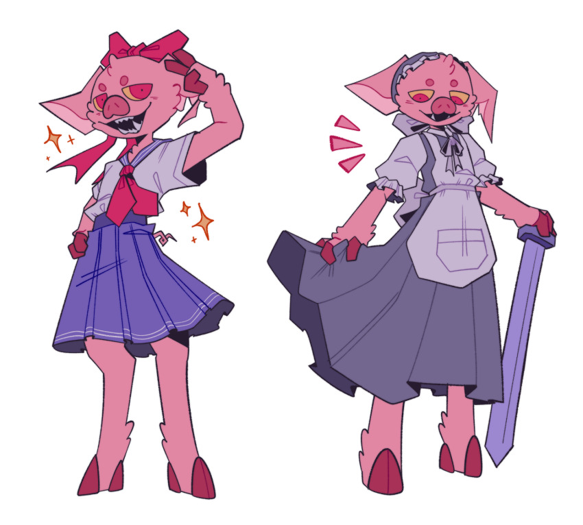 1boy 1girl ^^^ animal_ears apron blue_skirt bow colored_sclera commentary crossdressing crossdressing_(mtf) digitigrade dress dual_persona english_commentary fangs frilled_hairband frills furry furry_female furry_male genderswap genderswap_(mtf) grey_dress hair_bow hairband hand_on_own_hip highres holding holding_sword holding_weapon hooves looking_down maid male_maid meme minecraft_sword minecraft_youtube neckerchief pig_boy pig_ears pig_girl pig_nose pink_fur puffy_sleeves red_bow red_eyes red_neckerchief school_uniform serafuku shirt simple_background skirt smile sparkle standing sword techno-chan technoblade technomaid_(meme) v vivi_(viridescenttemple) weapon white_apron white_background white_shirt yellow_sclera