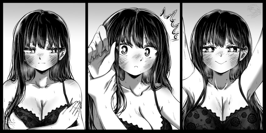1girl 1other ^^^ ao_tanuki arm_under_breasts armpit_crease arms_up blush boku_no_kokoro_no_yabai_yatsu bra breasts cleavage closed_mouth dated dated_commentary embarrassed frown greyscale highres holding_another&#039;s_wrist lace lace_bra large_breasts long_hair looking_at_viewer loose_hair_strand mole mole_on_neck monochrome multiple_moles multiple_views signature smile sweat tearing_up twitter_username underwear upper_body wide-eyed yamada_anna