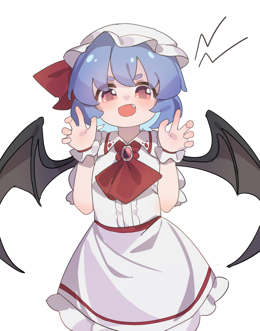 1girl absurdres ascot bat_wings blue_hair blush claw_pose collared_shirt commentary fang frilled_shirt_collar frills gumingdi_ban hat hat_ribbon highres looking_at_viewer mob_cap open_mouth puffy_short_sleeves puffy_sleeves red_ascot red_eyes remilia_scarlet ribbon shirt short_sleeves simple_background skirt smile solo touhou white_background white_shirt white_skirt wings wrist_cuffs