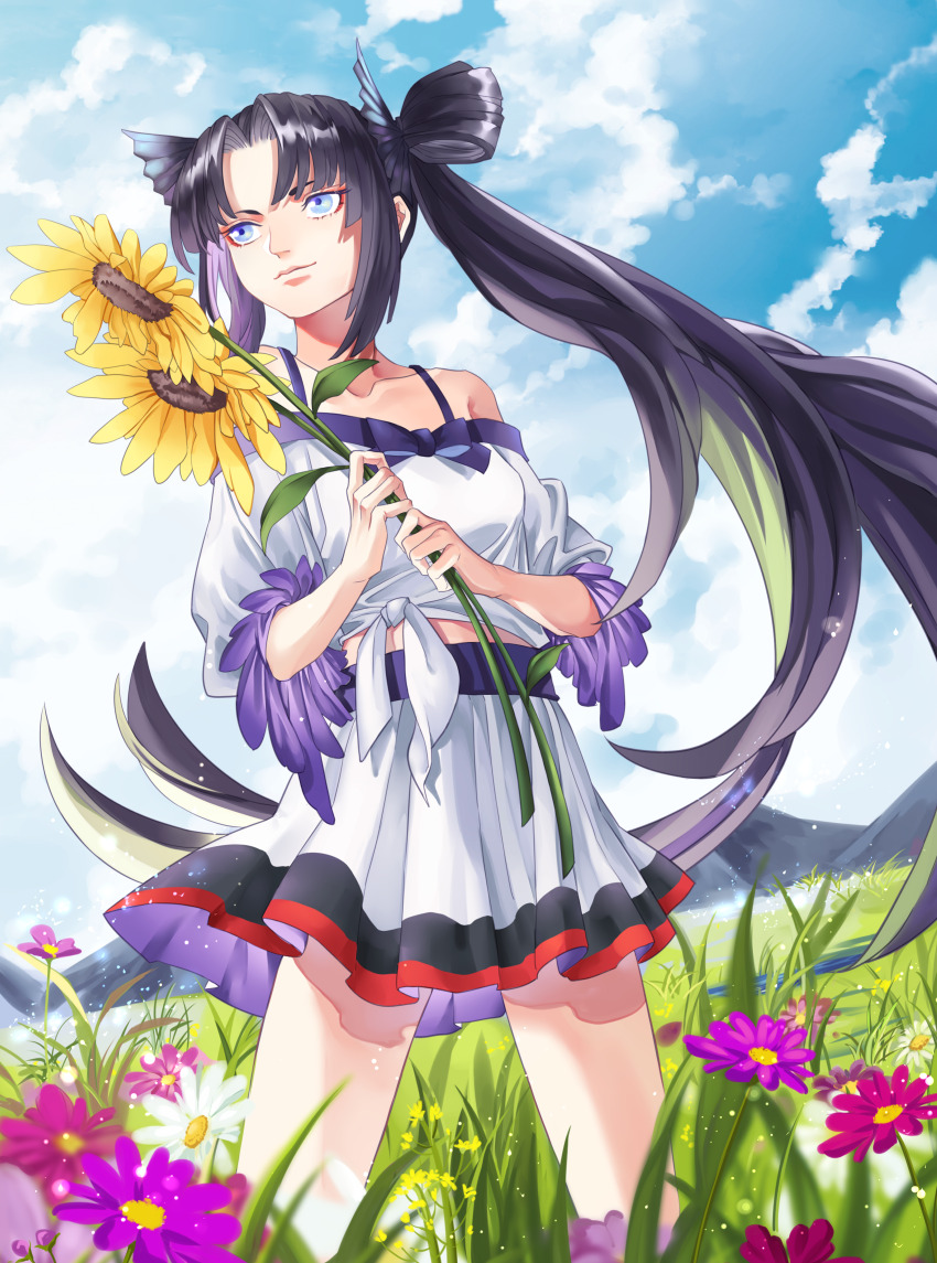 1girl absurdres blue_eyes closed_mouth collarbone fate/grand_order fate_(series) field flower highres kuzen light_particles long_hair midriff_peek outdoors ponytail purple_flower shirt skirt solo sunflower ushiwakamaru_(fate) very_long_hair white_shirt white_skirt
