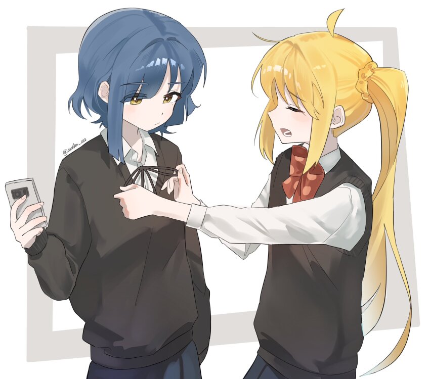 2girls ahoge black_ribbon black_sweater black_sweater_vest blonde_hair blue_skirt blunt_bangs bocchi_the_rock! bow bowtie closed_eyes closed_mouth collared_shirt cowboy_shot highres holding holding_phone ijichi_nijika long_hair long_sleeves lower_teeth_only multiple_girls neck_ribbon open_mouth phone pleated_skirt polka_dot polka_dot_bow red_bow red_bowtie ribbon school_uniform schu_1112 shimokitazawa_high_school_uniform shirt side_ponytail sidelocks skirt sweater sweater_vest teeth twitter_username white_background white_shirt yamada_ryo yellow_eyes