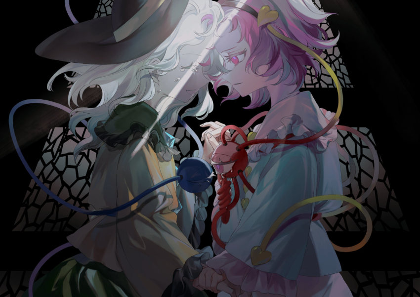 2girls :d :| ama_asagi black_hairband black_headwear blouse blue_shirt buttons closed_mouth commentary commission commissioner_upload crying crying_with_eyes_open diamond_button eyelashes closed_eyes fingernails forehead-to-forehead frilled_shirt_collar frilled_sleeves frills from_side green_skirt hair_ornament hairband hat heads_together heart heart_button heart_hair_ornament highres holding_hands interlocked_fingers komeiji_koishi komeiji_satori light_green_hair light_rays long_sleeves looking_at_another medium_hair multiple_girls open_mouth pink_eyes pink_hair pink_skirt sad shirt short_hair siblings sisters skeb_commission skirt smile stained_glass tears third_eye touhou tsurime upper_body wide_sleeves yellow_shirt