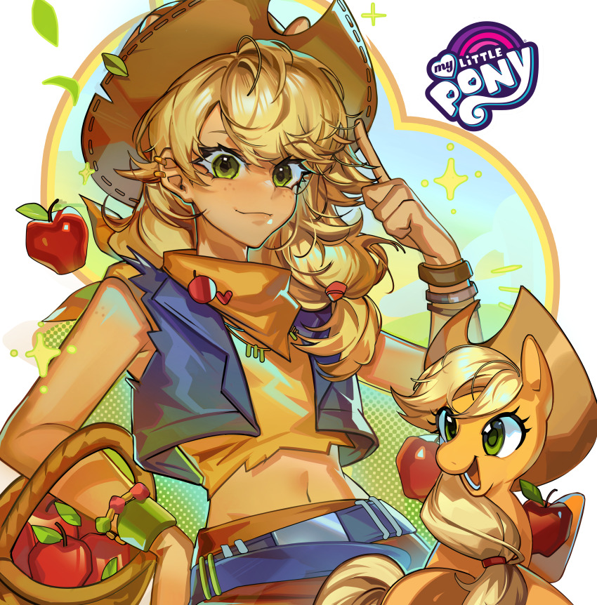 1girl absurdres apple applejack applejack_(equestria_girls) bandana bandana_around_neck bare_arms basket bead_bracelet beads belt black_belt blonde_hair bracelet brown_bracelet brown_hat brown_pants closed_mouth colored_skin commentary copyright_name cowboy_hat creature_and_personification cross-eyed ear_piercing english_commentary floating_food food freckles fruit green_eyes hair_behind_ear hair_flaps halftone halftone_background hand_up hat highres holding holding_basket horse jewelry leaf looking_at_viewer lower_teeth_only mato-c midriff multiple_bracelets my_little_pony my_little_pony:_equestria_girls my_little_pony:_friendship_is_magic navel necklace open_mouth orange_bandana orange_shirt orange_skin pants personification piercing pointing pointing_up pony_(animal) shirt simple_background smile sparkle teeth torn_clothes torn_shirt upper_body wide-eyed yellow_tail