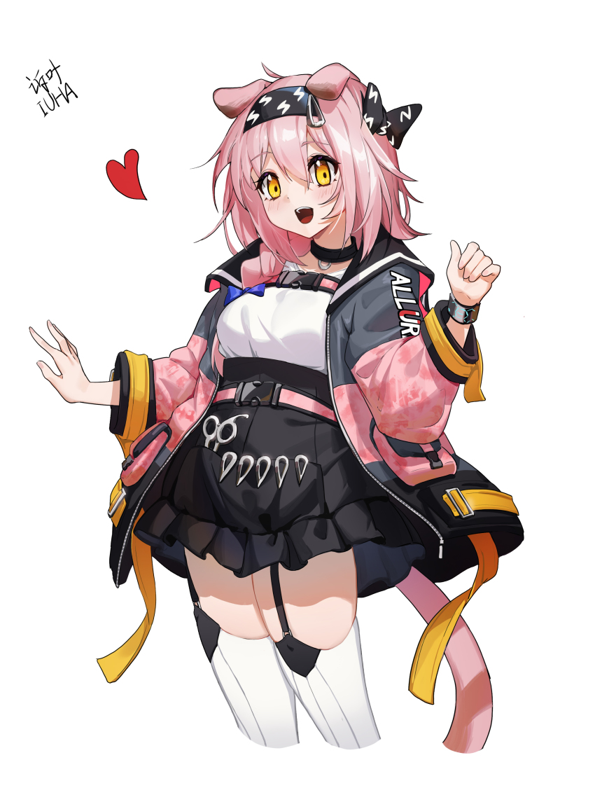 1girl :d absurdres animal_ears arknights black_hairband black_skirt blue_bow bow bracelet braid cat_ears cat_girl cat_tail coat floppy_ears garter_straps goldenglow_(arknights) hairband hands_up heart highres id_card jacket jewelry lightning_bolt_print long_hair multicolored_coat object_in_pocket open_mouth pink_coat pink_hair pink_jacket pocket print_hairband scissors scottish_fold shirt simple_background single_braid skirt smile solo standing suye tail thighhighs two-tone_coat white_background white_shirt yellow_eyes