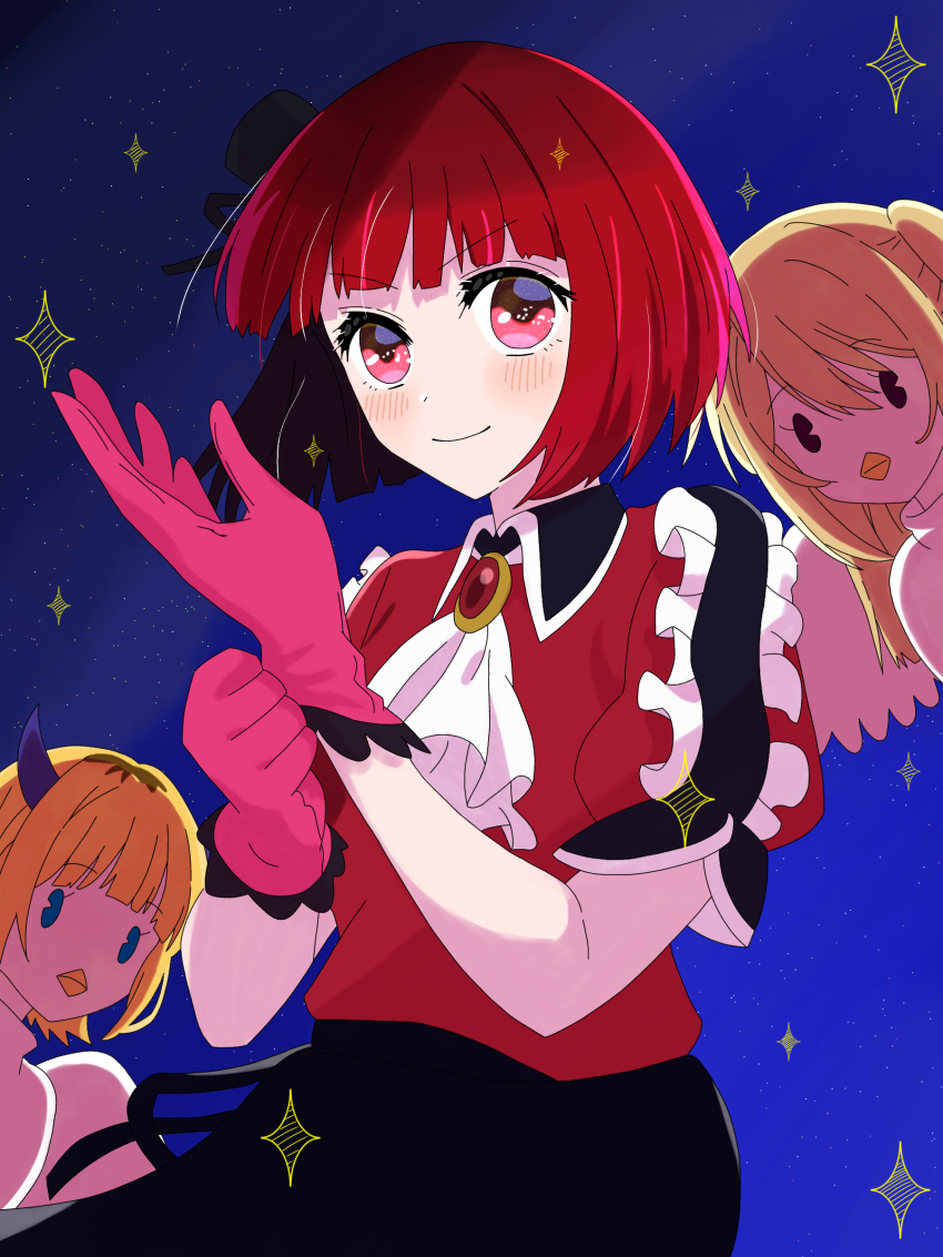 3girls absurdres arima_kana ascot black_headwear black_ribbon black_skirt blonde_hair blue_background blue_eyes blush bob_cut bokutaaaa closed_mouth collared_shirt commentary_request cowboy_shot demon_horns fake_horns frilled_sleeves frills gloves hat hat_ribbon highres horns hoshino_ruby inverted_bob long_hair looking_at_viewer medium_hair mem-cho mini_hat mini_top_hat multicolored_hair multiple_girls one_side_up oshi_no_ko pieyon pink_gloves puffy_short_sleeves puffy_sleeves putting_on_gloves red_brooch red_eyes red_hair red_shirt ribbon roots_(hair) shade shirt short_hair short_sleeves sidelocks skirt smile sparkle top_hat white_ascot