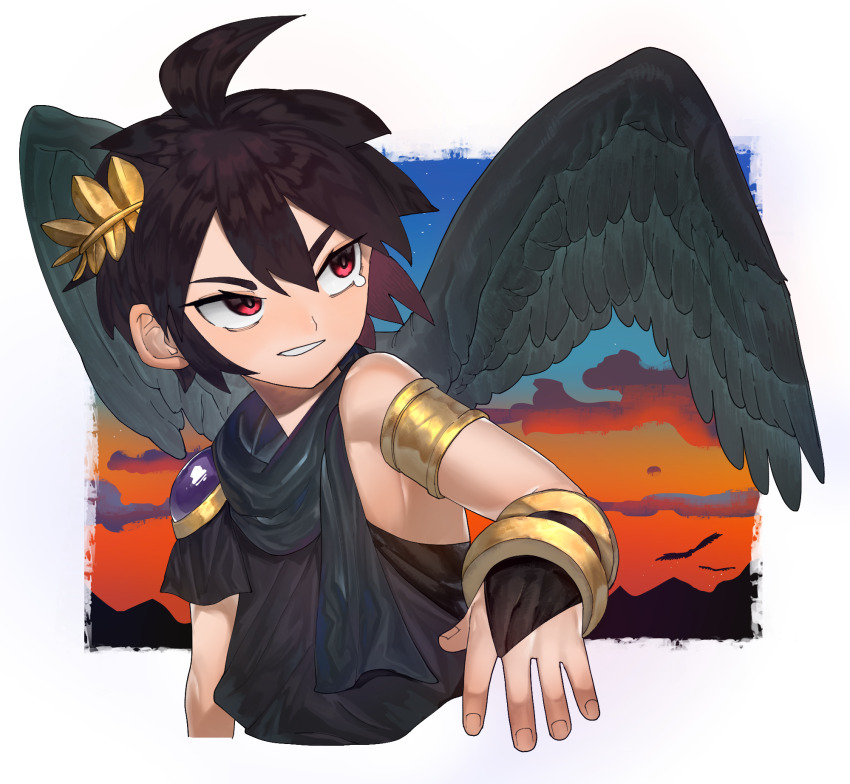 1boy ahoge angel angel_wings armlet black_hair black_wings cropped_torso dancho_no_mori dark_pit highres jewelry kid_icarus kid_icarus_uprising laurel_crown nintendo parted_lips red_eyes single_tear solo wings