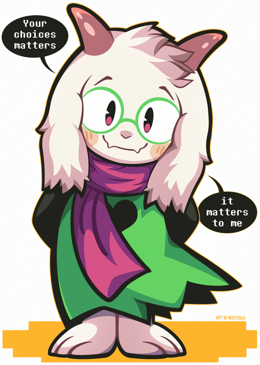 1boy absurdres blush closed_mouth commentary deltarune english_commentary english_text fangs full_body furry furry_male glasses green_robe highres looking_at_viewer male_focus orange_outline outline pink_scarf ralsei robe round_eyewear scarf simple_background smile solo standing utdr_(toby_fox) woofzilla