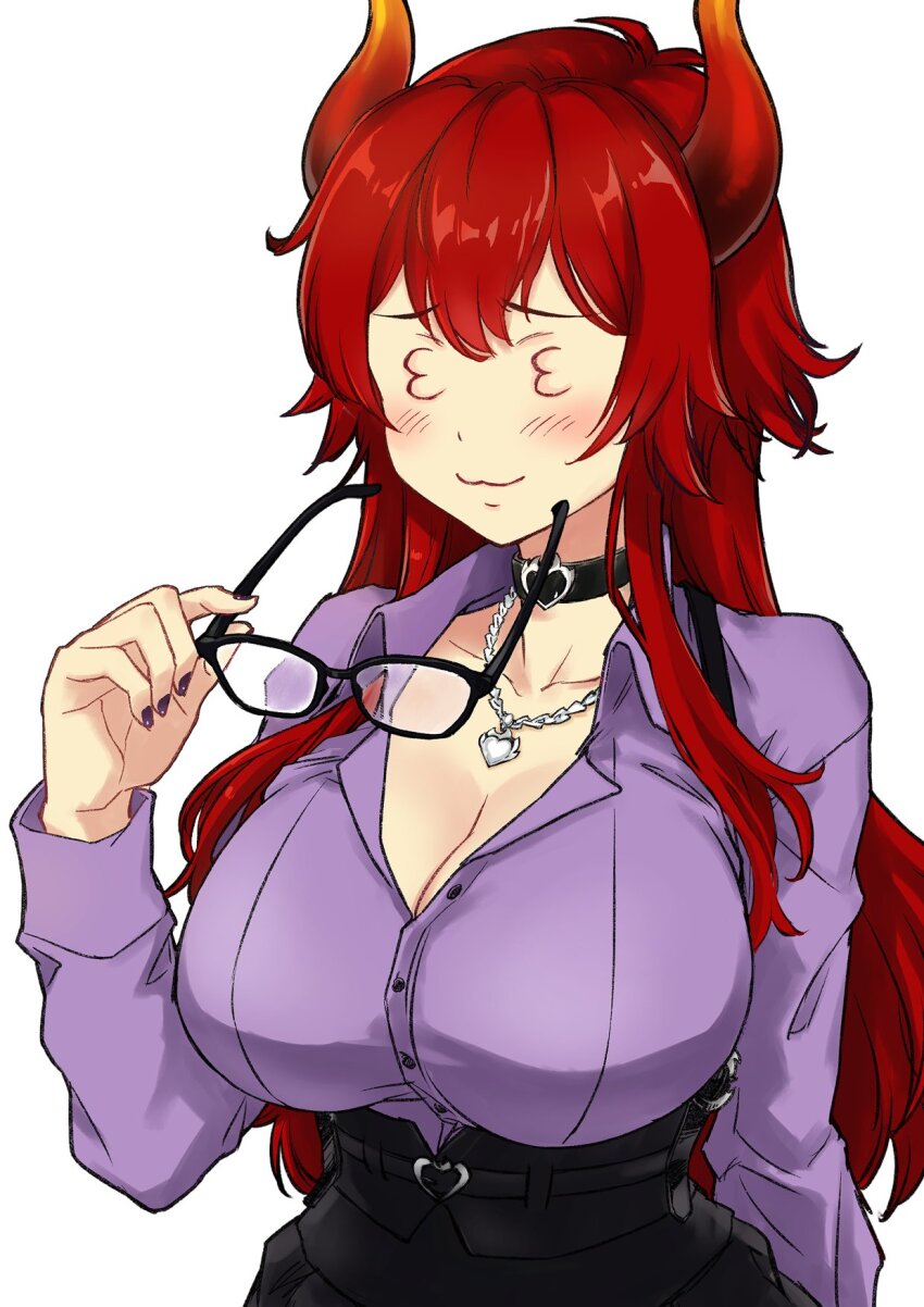 1girl 3_3 :3 black-framed_eyewear black_choker black_skirt blush breasts choker cleavage closed_mouth collar commentary dola_(7th_costume)_(nijisanji) dola_(nijisanji) dragon_horns fingernails glasses gradient_horns heart heart_choker high-waist_skirt highres holding holding_removed_eyewear horns jewelry jyaco large_breasts long_hair looking_at_viewer multicolored_horns necklace nijisanji orange_horns purple_nails purple_shirt red_hair red_horns shirt sidelocks simple_background skirt smile solo symbol-only_commentary unworn_eyewear upper_body virtual_youtuber white_background