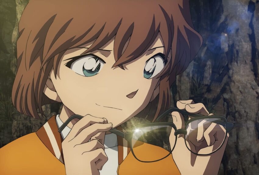 1girl anime_screenshot aoyama_goushou black-framed_eyewear brown_hair close-up closed_mouth crossed_bangs glint green_eyes haibara_ai highres holding holding_removed_eyewear jacket lens_flare light_smile looking_at_object meitantei_conan meitantei_conan_kurogane_no_submarine official_art orange_jacket outdoors portrait rock shirt short_hair solo unworn_eyewear wavy_hair weeds white_shirt