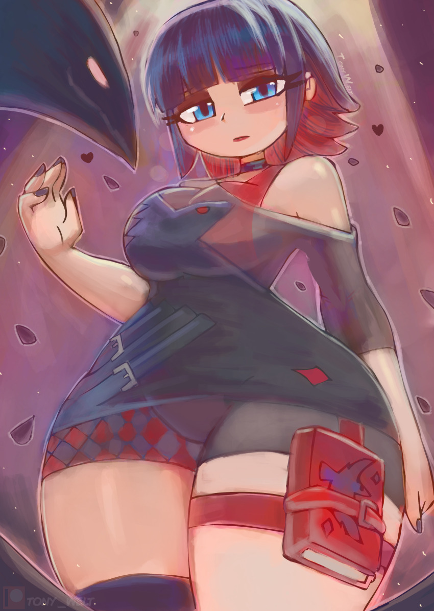 1girl absurdres animal animal_print bike_shorts bird bird_print black_bike_shorts black_dress black_hair black_nails black_thighhighs blue_eyes blush book bra breasts character_request choker dress epic_games fortnite from_below heart highres large_breasts looking_down monster multicolored_hair off-shoulder_dress off_shoulder petals print_dress red_bra red_hair red_lips short_hair short_sleeves single_thighhigh spotlight standing thick_thighs thigh_strap thighhighs thighs tony_welt two-tone_hair underwear wide_sleeves