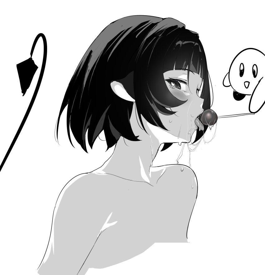 1girl absurdres blunt_bangs candy commentary food greyscale highres holding holding_candy holding_food holding_lollipop jane_doe_(zenless_zone_zero) kirby kirby_(series) licking lollipop looking_at_viewer monochrome nintendo nude porroll saliva short_hair simple_background upper_body white_background zenless_zone_zero