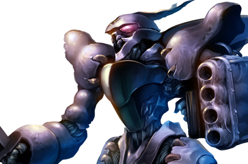 arm_cannon dunbine fantasy holding holding_sword holding_weapon looking_up mecha no_humans red_eyes robot seisenshi_dunbine solo sword taedu upper_body weapon white_background