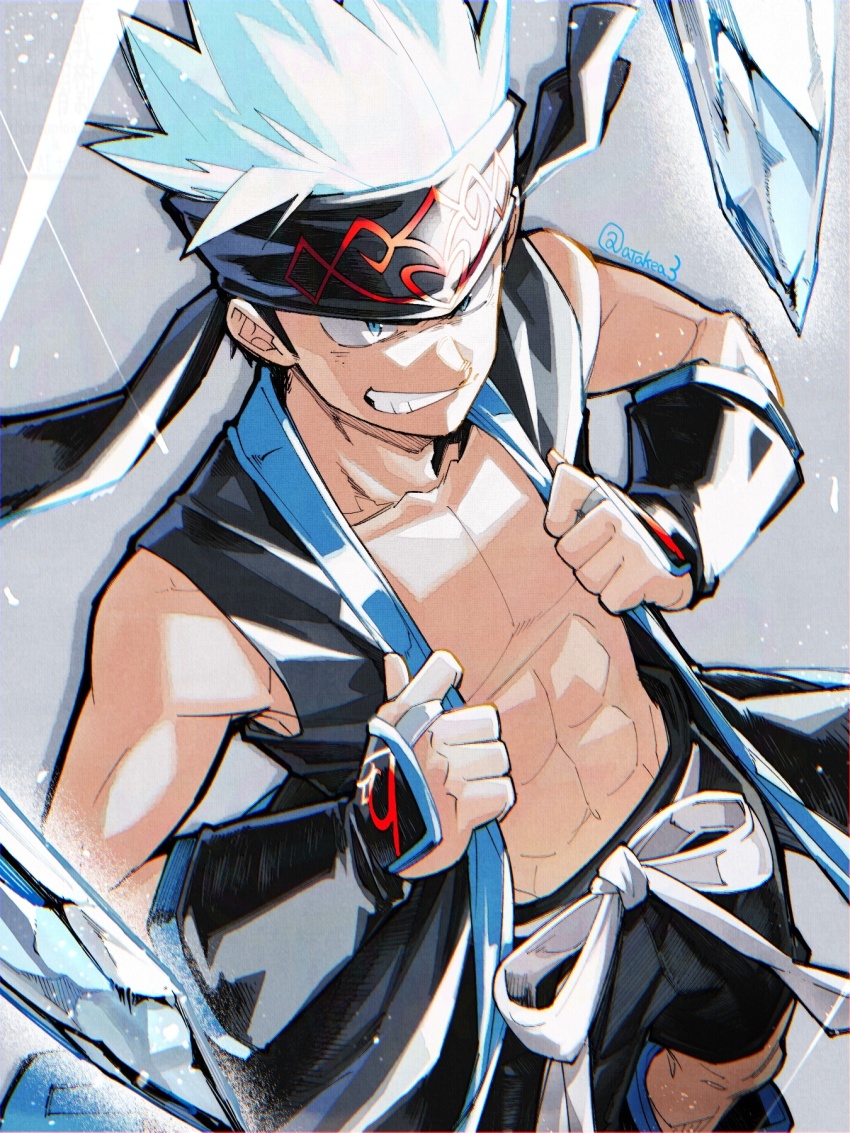 1boy black_coat black_headband black_shorts blue_eyes blue_hair coat cowboy_shot headband highres ice male_focus muscular muscular_male no_shirt parted_lips shaman_king shorts sleeveless sleeveless_coat smirk solo takeuchi_(a3) usui_horokeu