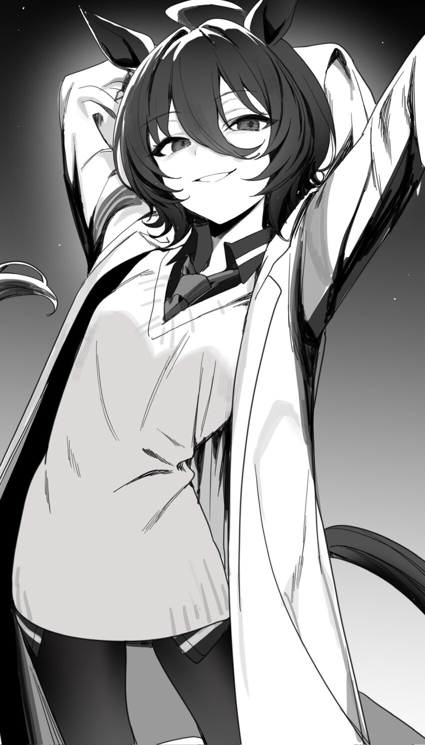 1girl agnes_tachyon_(umamusume) ahoge animal_ears arms_up coat collared_shirt grey_background greyscale hair_between_eyes highres horse_ears horse_girl horse_tail lab_coat looking_at_viewer monochrome naked_lab_coat necktie open_clothes open_coat pantyhose shirt short_hair simple_background smile solo stretching sumirebatake sweater tail umamusume