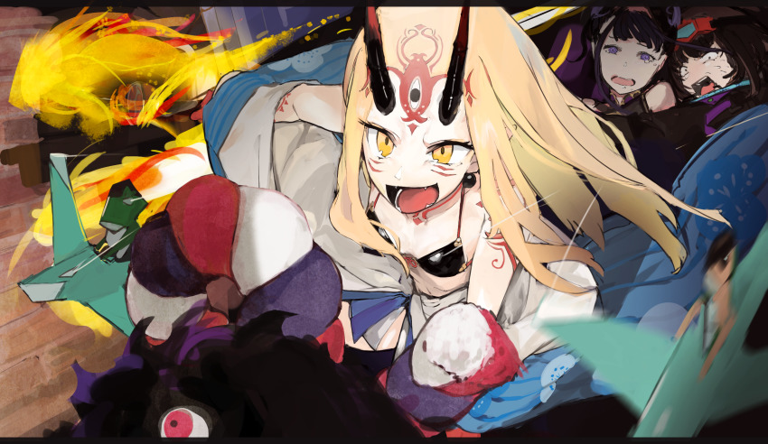 3girls @_@ bikini black_bikini black_hair blonde_hair facial_mark fate/grand_order fate_(series) goggles goggles_on_head highres holding holding_weapon horns ibaraki_douji_(fate) ibaraki_douji_(fate/grand_order) ibaraki_douji_(swimsuit_lancer)_(fate) ibaraki_douji_(swimsuit_lancer)_(first_ascension)_(fate) long_hair multiple_girls murasaki_shikibu_(fate) murasaki_shikibu_(swimsuit_rider)_(fate) murasaki_shikibu_(swimsuit_rider)_(first_ascension)_(fate) oni oni_horns open_mouth osakabehime_(fate) osakabehime_(swimsuit_archer)_(fate) osakabehime_(swimsuit_archer)_(first_ascension)_(fate) purple_eyes swimsuit tattoo tears weapon yellow_eyes yorurokujuu