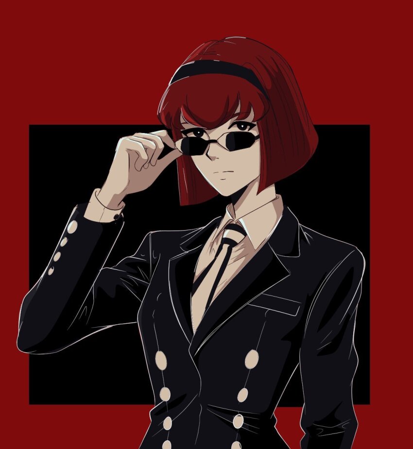 1girl adjusting_eyewear arm_at_side black_jacket bright_pupils closed_mouth collared_shirt cosplay highres jacket long_sleeves looking_at_viewer megadeus_mommy necktie r_dorothy_wayneright red_hair roger_smith roger_smith_(cosplay) shirt short_hair solo striped_necktie the_big_o upper_body white_pupils white_shirt