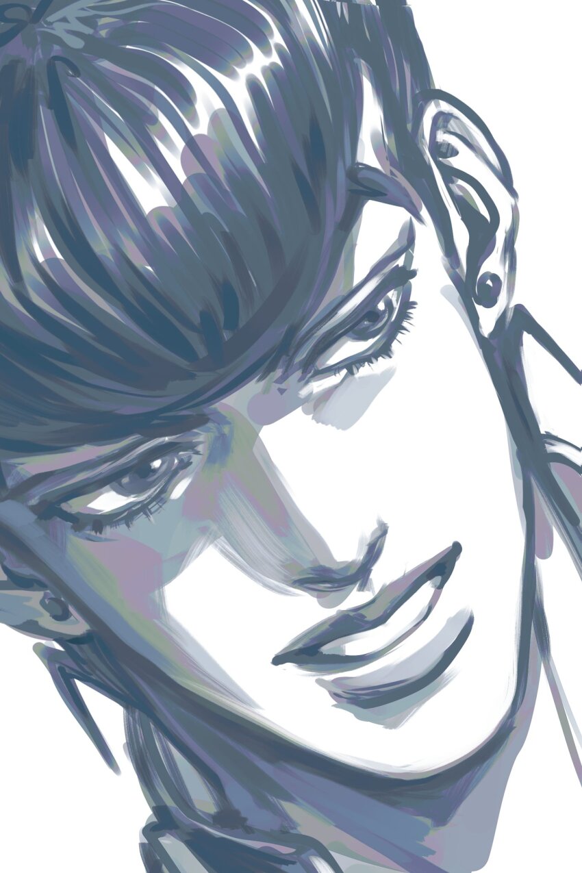 1boy earrings eyelashes greyscale hashtag-only_commentary higashikata_josuke highres jewelry jojo_no_kimyou_na_bouken looking_to_the_side male_focus monochrome parted_lips pompadour portrait santamanymany simple_background solo v-shaped_eyebrows