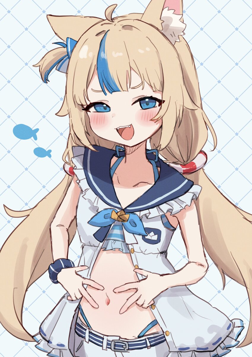 1girl absurdres ahoge animal_ear_fluff animal_ears bikini bikini_under_clothes blonde_hair blue_bikini blue_eyes blue_hair blush breasts cat_ears dress highleg highleg_bikini highres indie_virtual_youtuber long_hair looking_at_viewer low_twintails multicolored_hair navel nekomotowata one_side_up open_mouth sameko_saba sleeveless sleeveless_dress small_breasts smile solo streaked_hair swimsuit teeth twintails upper_teeth_only very_long_hair virtual_youtuber white_dress