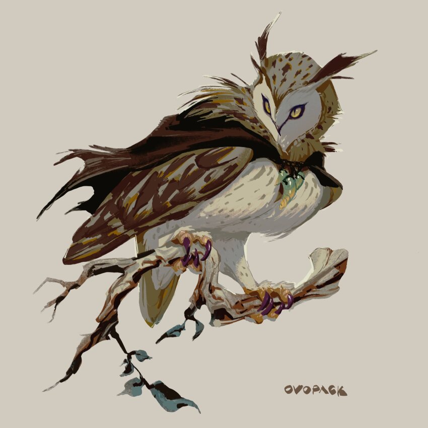 animal animal_focus artist_name bird branch brown_cape cape claws clothed_animal full_body highres horned_owl jewelry leaf looking_to_the_side murayama_ryota no_humans no_lineart on_branch original owl pendant signature simple_background slit_pupils solo talons yellow_background yellow_eyes