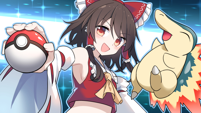 1girl bare_shoulders blush breasts brown_hair closed_eyes creatures_(company) crossover cyndaquil detached_sleeves e.o. fire game_freak gen_2_pokemon hakurei_reimu holding holding_poke_ball japanese_clothes miko nintendo poke_ball pokemon pokemon_(creature) red_shirt shirt short_hair sideboob small_breasts touhou upper_body white_sleeves wide_sleeves