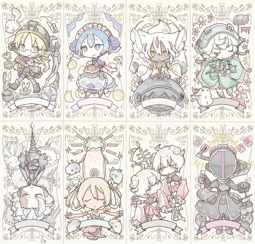 1other 4boys 5girls :&lt; ahoge animal_ears arm_up basket belafu belafu_(human) belt_pouch black_capelet black_coat blonde_hair blue_eyes blue_hair bondrewd brown_gloves bug butterfly capelet card_(medium) cartridge_(made_in_abyss) chibi claws closed_eyes coat commentary covered_face covering_own_mouth cowlick dark-skinned_female dark_skin dog_ears double-parted_bangs dress extra_arms faputa floppy_ears floral_background flower frilled_sleeves frills full_body gabuurun gauntlets glasses gloves glyph green_dress green_eyes green_hat grey_scarf hair_ornament hair_rings halo hat headlamp helmet highres hiruzen15a9 holding holding_basket insect irumyuui irumyuui&#039;s_children long_coat long_sleeves looking_at_another looking_at_viewer made_in_abyss made_in_abyss_runes maid maid_headdress maruruk masked mechanical_legs meinya_(made_in_abyss) menae_(made_in_abyss) messy_hair monster_girl multicolored_hair multiple_boys multiple_girls navel neritantan nixie_tube on_head outstretched_arms pale_color parted_bangs patterned petals pickaxe pink_eyes pink_skirt pink_sleeves plaid_clothes plaid_skirt pouch praying prushka riko_(made_in_abyss) scar scar_on_face scarf semi-rimless_eyewear sherumi_(made_in_abyss) short_hair sidelocks skirt sleeves_past_fingers sleeves_past_wrists sparkle spread_arms star_compass stitches streaked_hair t-pose tail tarot tarot_(medium) test_tube translated upside-down w_arms walking whistle whistle_around_neck white_fur yellow_eyes