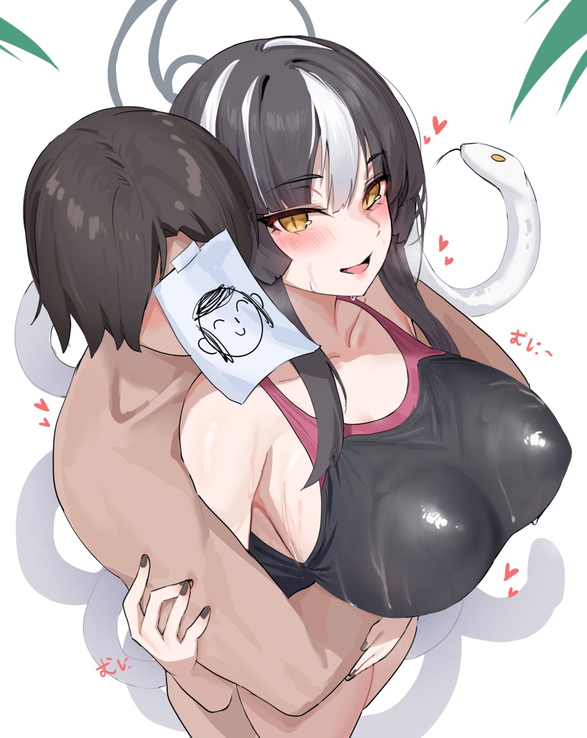 1boy 1girl absurdres azami_(blue_archive) bare_shoulders black_hair black_nails blue_archive blush breasts doodle_sensei_(blue_archive) fluffyebi01 grey_halo halo heart hetero highres hug hug_from_behind large_breasts long_hair looking_at_viewer multicolored_hair one-piece_swimsuit open_mouth sensei_(blue_archive) simple_background slit_pupils smile snake snake_hair sweat swimsuit tongue two-tone_hair white_background white_hair white_snake yellow_eyes