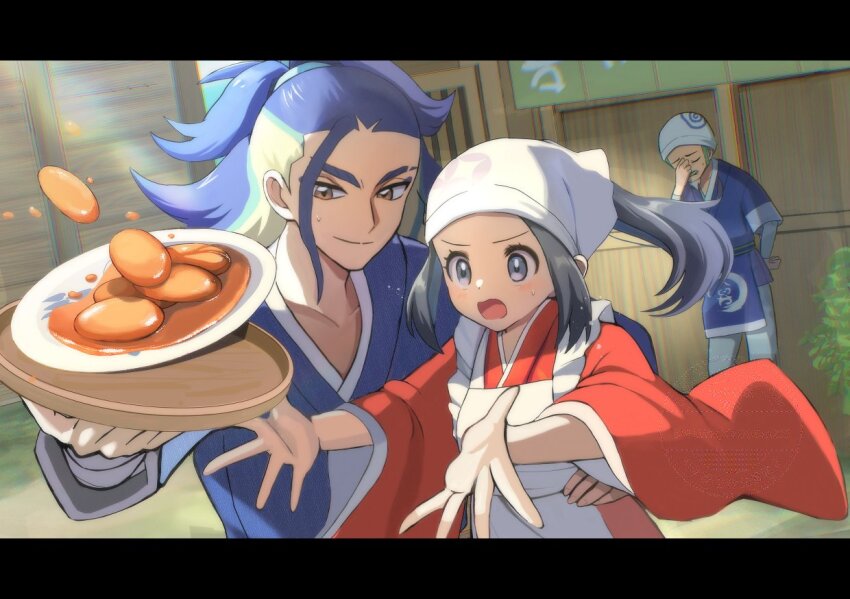 1girl 2boys adaman_(pokemon) akari_(pokemon) ako_(rawhji0rdbsmzf7) apron bandaged_arm bandages beni_(pokemon) black_hair blue_eyes blue_eyeshadow blue_hair blue_kimono brown_eyes building catching closed_mouth commentary dutch_angle eyeshadow facial_hair food frilled_apron frills goatee green_hair grey_hair hand_on_own_face hand_on_own_hip headscarf holding holding_tray imomochi japanese_clothes kimono letterboxed long_hair makeup multiple_boys mustache nintendo open_mouth outdoors outstretched_arms plate pokemon pokemon_legends:_arceus ponytail red_kimono short_hair sidelocks small_sweatdrop smile standing sunlight tray white_headscarf wooden_tray
