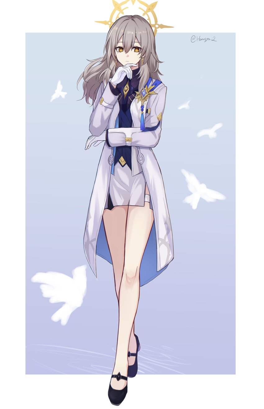 1girl absurdres bare_legs black_shoes chio095 coat cosplay crossed_legs full_body gloves grey_hair hand_up highres honkai:_star_rail honkai_(series) long_hair long_sleeves looking_at_viewer open_clothes open_coat pencil_skirt purple_shirt shirt shoes skirt solo standing stelle_(honkai:_star_rail) sunday_(honkai:_star_rail) sunday_(honkai:_star_rail)_(cosplay) trailblazer_(honkai:_star_rail) watson_cross white_coat white_gloves white_skirt yellow_eyes