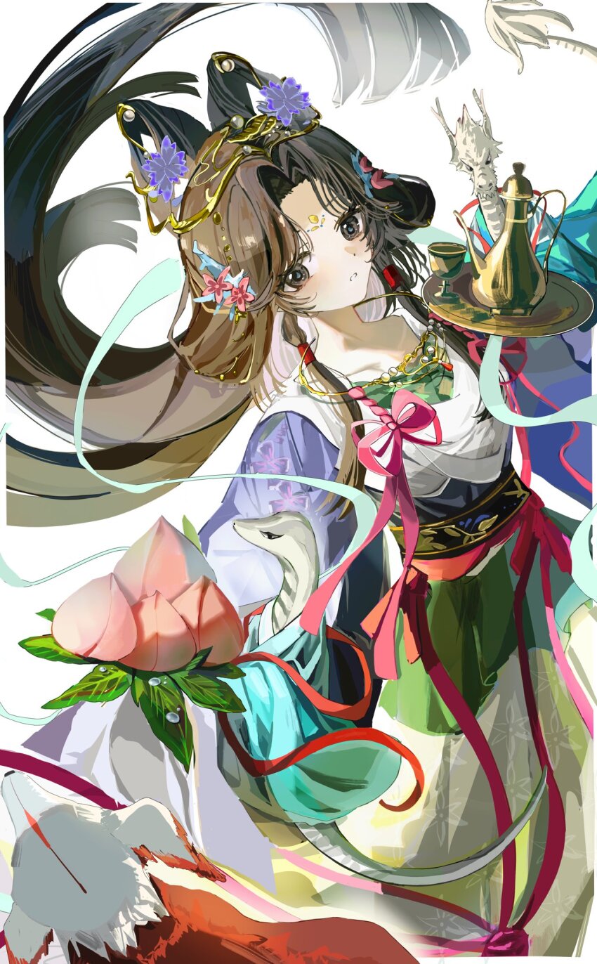 1girl :o aqua_shawl black_hair chinese_clothes creature cup dragon eastern_dragon facial_mark feixianji_(hairstyle) floating_hair flower food forehead_mark fruit hagoromo hair_flower hair_ornament hanfu highres holding holding_food holding_fruit holding_tray huadian jewelry jiu_niangzi jiu_niangzi_(blossom_spring_fairy) kettle long_hair long_skirt looking_at_viewer necklace official_alternate_costume parted_bangs peach pink_flower purple_flower purple_hanfu reverse:1999 seventeen_meimi shawl skirt snake solo tray upper_body very_long_hair white_background yellow_skirt