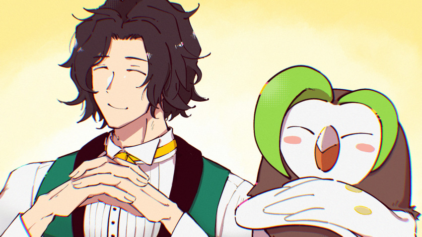 1boy 1other bird black_hair bow bowtie closed_eyes crossover eifilet facing_viewer fire_emblem fire_emblem_engage green_vest highres louis_(fire_emblem) nintendo owl own_hands_together pokemon pokemon_(creature) upper_body vest yellow_bow yellow_bowtie