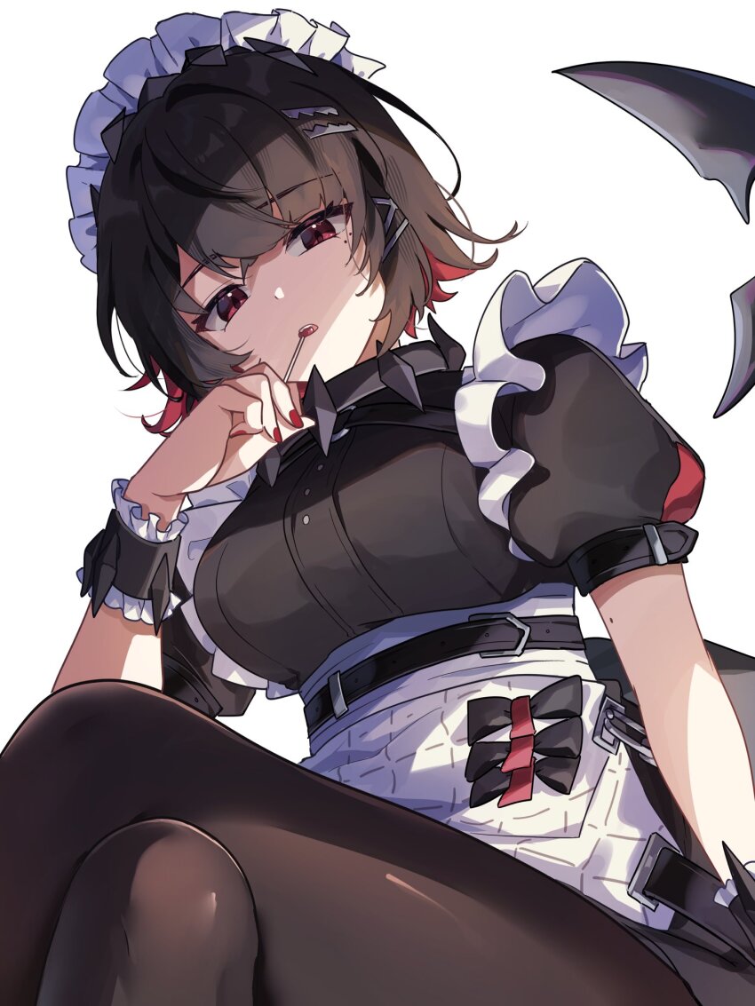 1girl apron black_dress black_hair black_pantyhose blush breasts candy crossed_bangs crossed_legs dress ellen_joe fins fish_tail food frills hair_between_eyes hair_ornament hairclip highres large_breasts lollipop looking_at_viewer maid maid_headdress mole mole_under_eye nail_polish pantyhose red_eyes red_nails shark_tail shirase_(shirose) short_hair short_sleeves simple_background solo tail white_background zenless_zone_zero