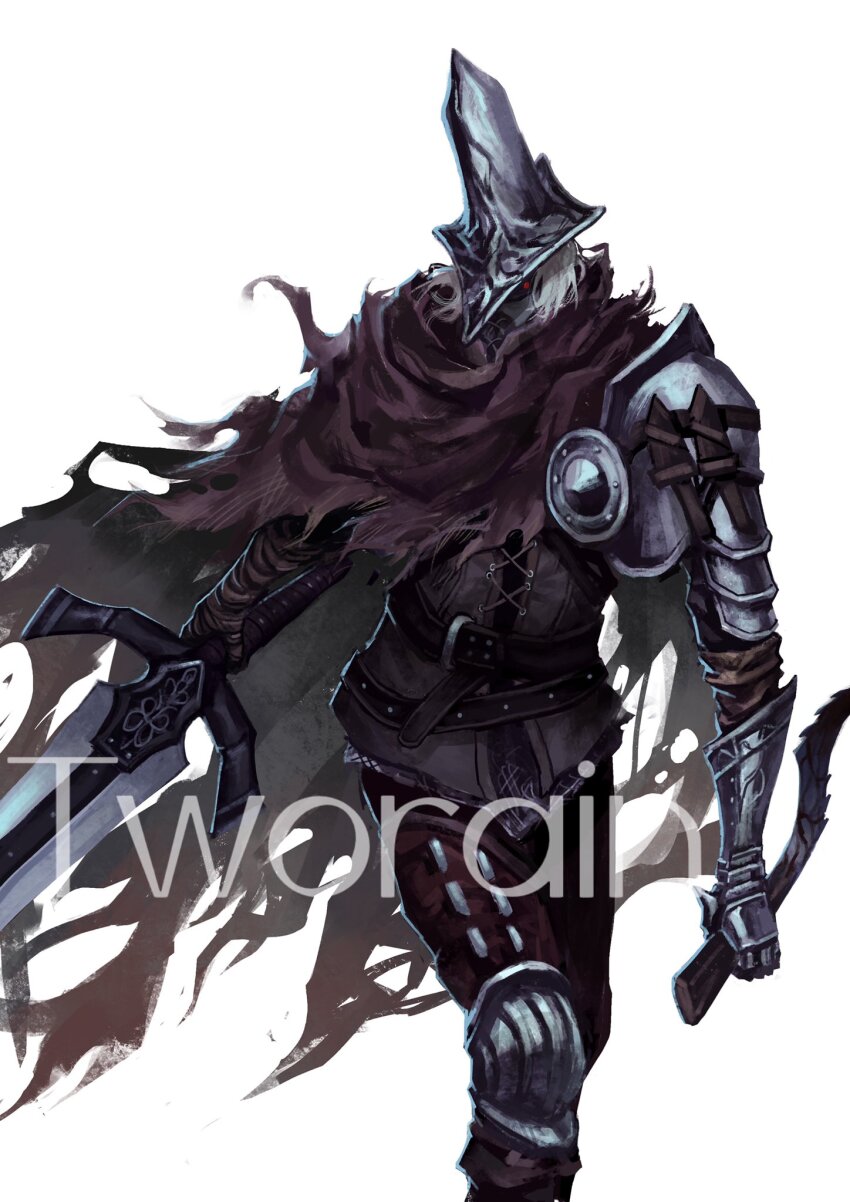 1boy abyss_watcher arm_armor armor armored_gloves artist_name bandaged_arm bandages belt black_belt brown_cape brown_jacket brown_pants cape chinese_commentary commentary_request dagger dark_souls_(series) dark_souls_iii feet_out_of_frame helmet highres holding holding_dagger holding_knife holding_sword holding_weapon jacket knee_armor knife looking_at_viewer male_focus pants red_eyes short_hair shoulder_armor simple_background solo sword torn_cape torn_clothes tworain_w watermark weapon white_background white_hair