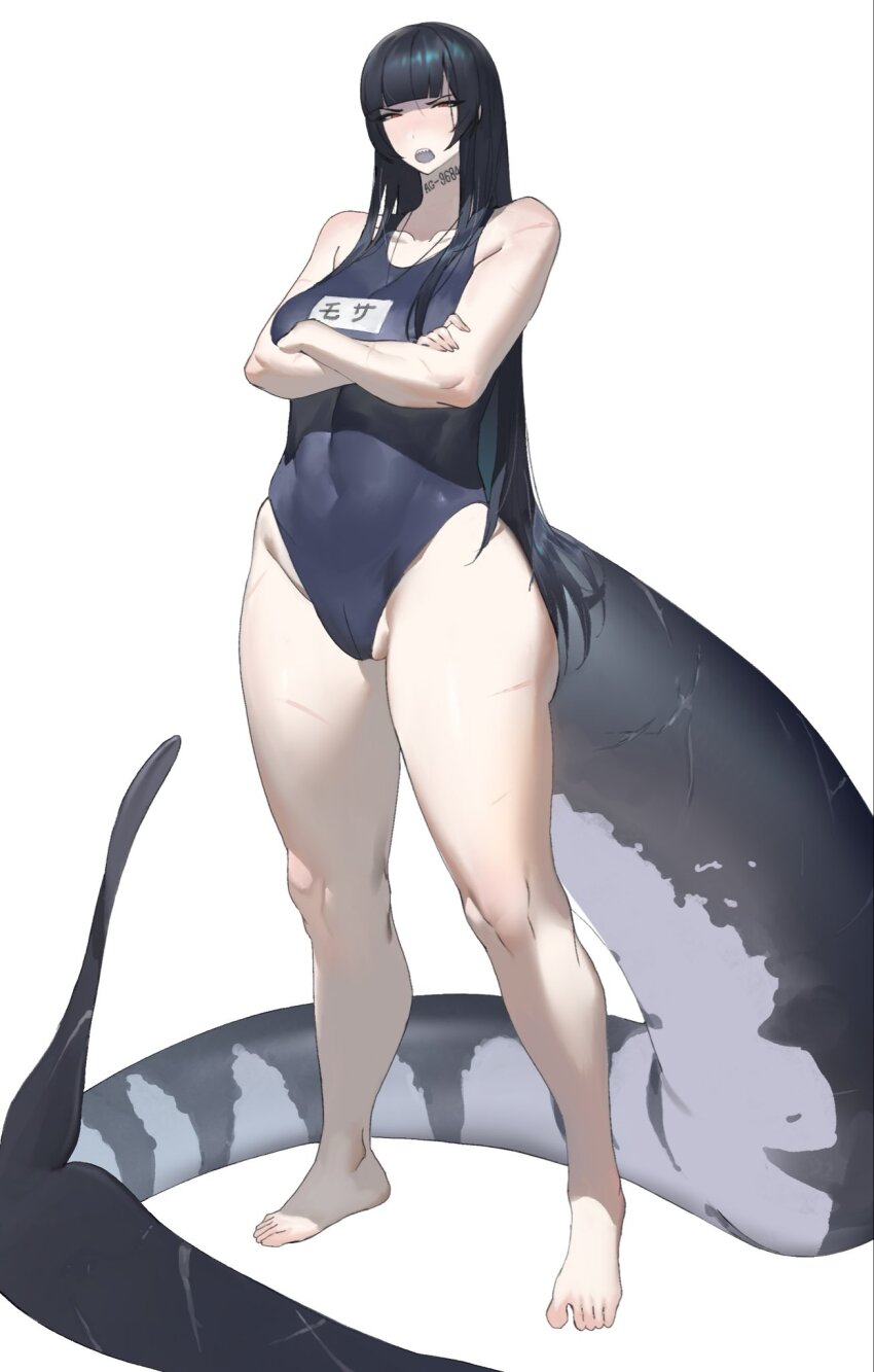 1girl black_hair blue_one-piece_swimsuit blunt_bangs breasts covered_navel crossed_arms dinosaur_girl dinosaur_tail fins fish_tail highres hime_cut jewelry kamitoge_supino large_breasts long_hair mosasaurus mosasaurus_girl nameplate narrowed_eyes neck_tattoo necklace one-piece_swimsuit open_mouth original red_eyes scar scar_on_arm scar_on_leg scar_on_tail school_swimsuit sharp_teeth solo standing swimsuit tail tattoo teeth thick_thighs thighs white_background