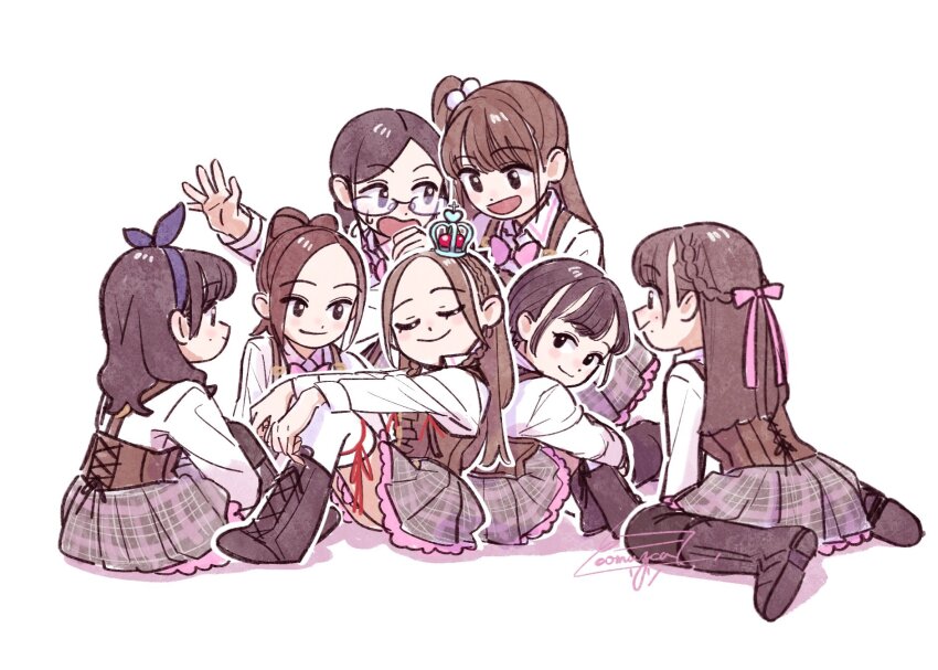 6+girls arms_on_knees artist_name assault_lily back-to-back black-framed_eyewear black_eyes black_hair black_pantyhose blue_bow blue_hairband blush boots bow bow-shaped_hair bow_hairband bowtie braid brown_footwear brown_hair brown_skirt closed_eyes closed_mouth collared_shirt colored_shadow commentary_request corset crown frilled_skirt frills fukuyama_jeanne_sachie glasses hair_bow hair_ornament hairband half_updo hands_up highres hugging_own_legs ichinomiya_michaela_himari knee_boots knees_up komuzuka kuroki_francisca_yuria lace-up_boots leg_ribbon long_hair long_sleeves looking_at_another looking_to_the_side ludvico_private_girls&#039;_academy_school_uniform matsunaga_brigitta_kayo medium_hair mini_crown miniskirt mole mole_above_mouth mole_under_mouth multiple_girls one_side_up outstretched_arm outstretched_arms pantyhose parted_bangs pink_bow pink_bowtie plaid_clothes plaid_skirt pom_pom_(clothes) pom_pom_hair_ornament profile red_ribbon ribbon sano_matilda_kokoro school_uniform semi-rimless_eyewear seto_veronica_ichika shadow shirt shoe_soles sideways_glance simple_background sitting skirt smile suspenders tachibana_theresia_nagisa thigh_ribbon twin_braids under-rim_eyewear underbust wariza white_background white_shirt