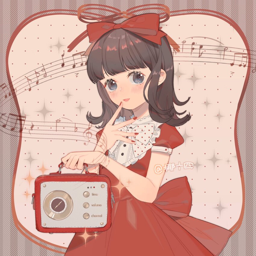 1girl back_bow black_eyes bow bowtie brown_hair buttons center_frills collared_shirt commentary cowboy_shot dress eyelashes finger_to_mouth frilled_dress frills grey_background hair_bow highres holding_radio lace-trimmed_collar lace_trim light_blush looking_at_viewer medium_hair musical_note nail_polish open_mouth original polka_dot polka_dot_background polka_dot_bowtie puffy_short_sleeves puffy_sleeves red_bow red_dress red_nails red_ribbon red_sleeves ribbon shirt short_sleeves smile solo sparkle striped_bow symbol-only_commentary twitter_username two-tone_background white_background white_bow white_bowtie white_shirt yeshisi