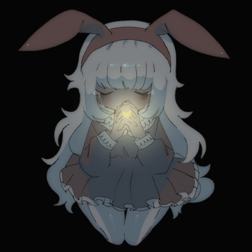 1girl angel_(candyseru) animal_ears bags_under_eyes black_background black_dress black_hairband blonde_hair blunt_bangs closed_mouth collared_dress crying deliriumcenter dress fake_animal_ears frilled_dress frills glowing_heart hairband heart highres light long_hair long_sleeves original own_hands_clasped own_hands_together praying rabbit_ears sidelocks simple_background sitting solo tears thighs very_long_hair wariza