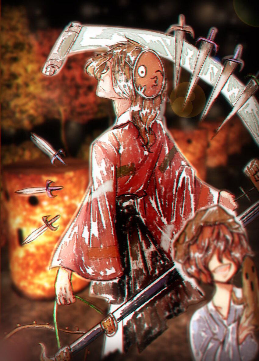2others ametsukana_yago androgynous bad_id bad_twitter_id bandage_over_one_eye black_hakama blue_kimono brown_eyes brown_hair brown_helmet closed_mouth collarbone commentary dual_wielding english_commentary from_behind frown hair_over_eyes hakama hakama_short_skirt hakama_skirt hammer haniwa_(statue) helmet highres holding holding_hammer holding_weapon japanese_clothes katano_sukune kimono knife len&#039;en long_hair long_sleeves looking_at_another looking_back luo_qiangwei mask mask_on_head multiple_others noh_mask open_mouth other_focus patchwork_clothes photo_background red_hair red_kimono red_mask scroll short_hair short_kimono skirt smile telekinesis weapon wide_sleeves