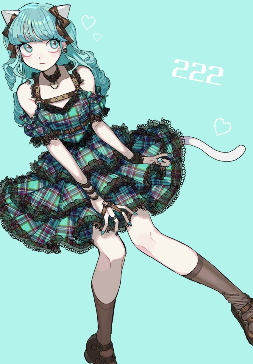 1girl @_@ aegyo_sal animal_ears aqua_dress bare_shoulders belt belt_collar blue_background blue_eyes blue_hair blue_nails bow brown_belt brown_collar brown_nails brown_pupils brown_ribbon brown_shoes brown_socks cat_day cat_ears cat_girl cat_tail closed_mouth collar collarbone dress ear_ribbon earrings extra_ears eyelashes fingernails frown hashtag-only_commentary heart heart_collar heart_earrings heart_ring highres jewelry kneehighs long_hair looking_up multicolored_nails nail_polish original pixel_heart plaid_clothes plaid_dress ribbon ring shoes simple_background socks solo tail two-tone_nails white_tail wristband yoshioka_suke
