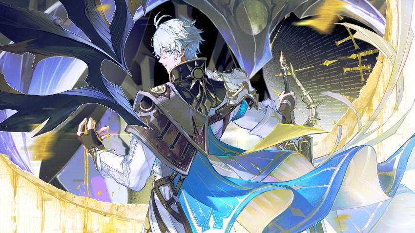 1boy absurdres antenna_hair armor black_gloves black_shirt black_wings blue_eyes chinese_commentary coat commentary_request dripping fingerless_gloves floating_cape from_behind gloves highres holding holding_sword holding_weapon honkai:_star_rail honkai_(series) looking_at_viewer looking_back male_focus pauldrons phainon_(honkai:_star_rail) profile qiaose33912 shirt short_hair shoulder_armor sideways_glance single_glove single_pauldron single_wing solo sun_print sword weapon white_coat white_hair wings yellow_blood